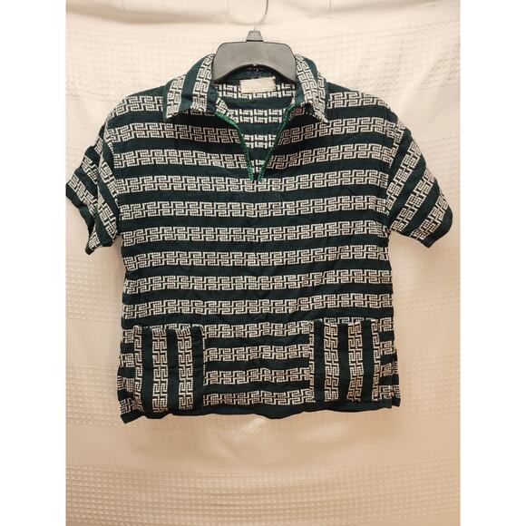 Vintage Minerva Blouse Med Green Short Sleeve Henley Pockets Made In Greece - Picture 1 of 9
